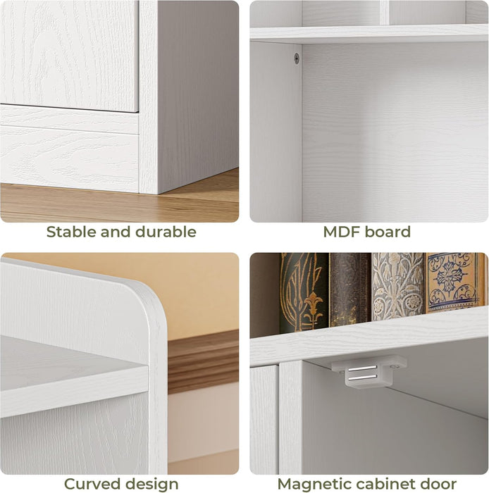 White 6-Tier Bookshelf Cabinet With Doors Floor-Standing