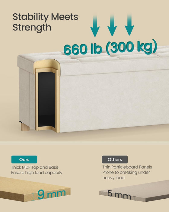Storage Ottoman Bench, Folding Storage Chest, 15 X 43.3 X 15.7 Inches, Foot Rest Stool, 30 Gal. (112 L), Velvet Surface, for Bedroom, Entryway, Living Room, Cappuccino Beige ULSF0518W02