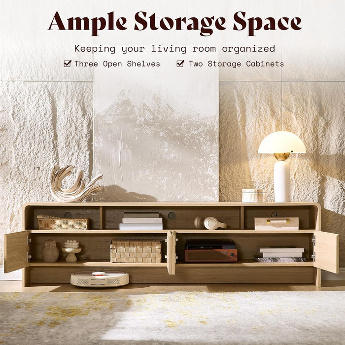 70" Modern TV Stand for Tvs up to 80", Wood TV Console with Curved Profile Design & 2 Storage Cabinets, Media Console Entertainment Center for Living Room, Natural Oak