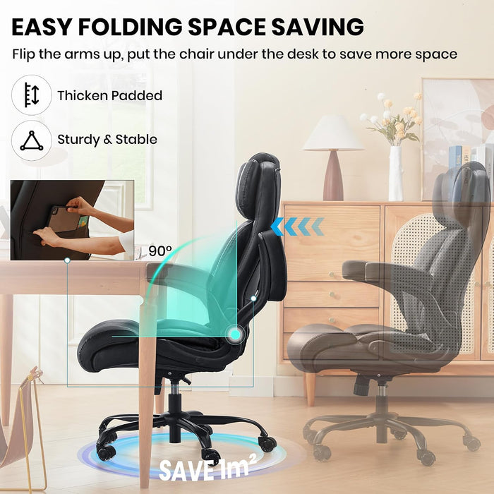 500Lbs Big and Tall Office Chair Adjustable Lumbar Support for Back Pain, Extra Wide Seat Executive Office Chair Thick Armrest Pad, Heavy Duty Base&Upgraded Wheels, Ergonomic Desk Chair