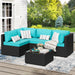 Patio Furniture Sets, 5 Pieces Outdoor Furniture Patio Sectional Sofa Set, Black Wicker Rattan Conversation Sets with Glass Table and Cushions, Blue