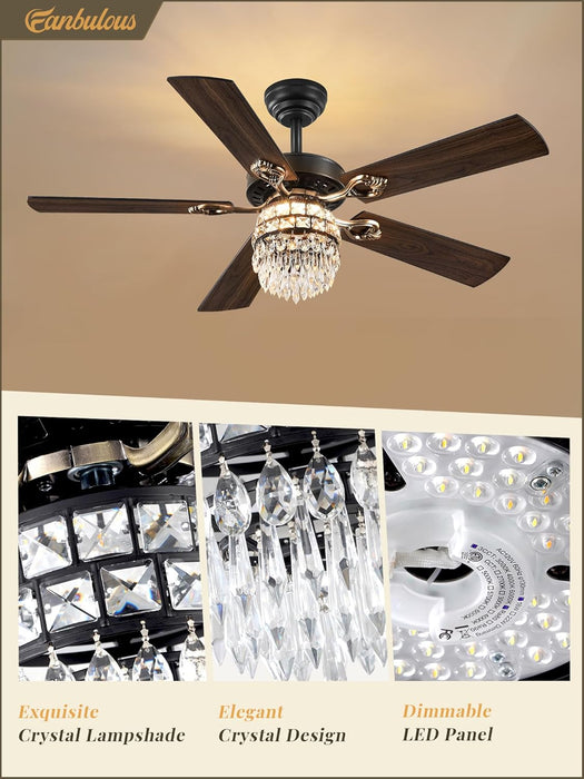 48 Inch Crystal Chandelier Fan with 22W LED, Fandelier Ceiling Fan with Light, Dimmable, 3CCT, 6-Speeds, Quiet DC Motor, Ceiling Fan Chandeliers, Modern Ceiling Fans for Bedroom, Living Room