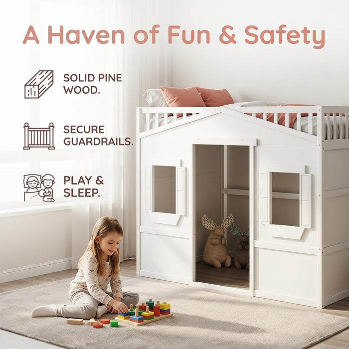 White Twin Size Loft Bed With EntertainmentCenterDisplay