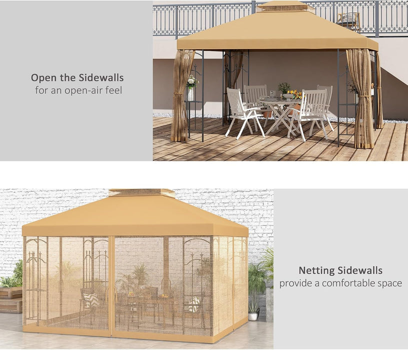 10' X 12' Patio Gazebo with Corner Frame Shelves, Double Roof Outdoor Gazebo Canopy Shelter with Netting for Patio, Wedding, Catering & Events, Brown
