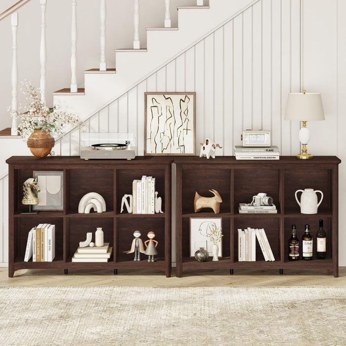 6 Cube Storage Bookshelf, Wood Wulnut Horizontal Bookcase, Rounded Corners | Low Wooden Cubby Organizer Book Shelf for Living Room/ Bedroom/ Office/ Hallways/ Apartments, Brown Cherry, 43" Space Saving