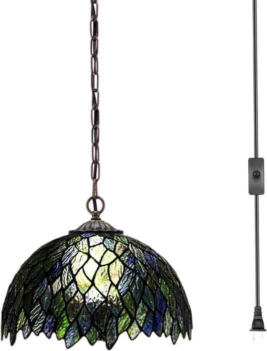 Stained Glass Style Plug in Hanging Lamp Multicolor Leaf 180 Inch