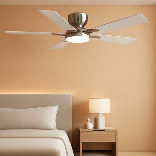 42 Inch Brushed Nickel Flush Mount Ceiling Fans with Lights and Remote, Low Profile Nickel Ceiling Fans for Bedroom Living Room Patio Porch, Quiet 6 Speed Reversible DC Motor, 3CCT, Dimmable
