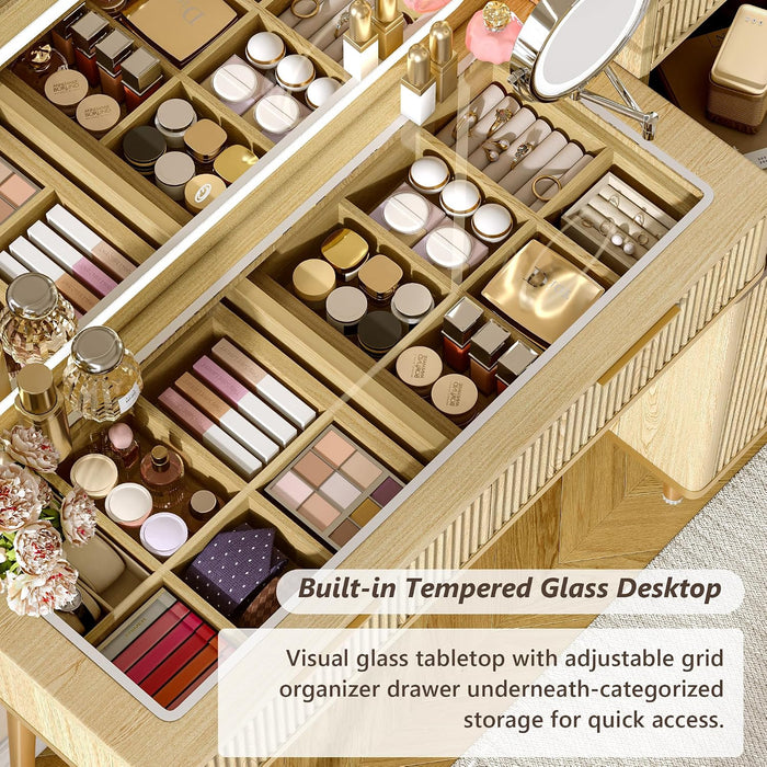 47" Vanity Desk with 5X Magnifying Mirror & 3-Color LED Light, Fluted Glass Top Makeup Table, USB Charging & Hair Dryer Holder, Dressing Table with Adjustable Shelves for Bedroom, Natural Oak