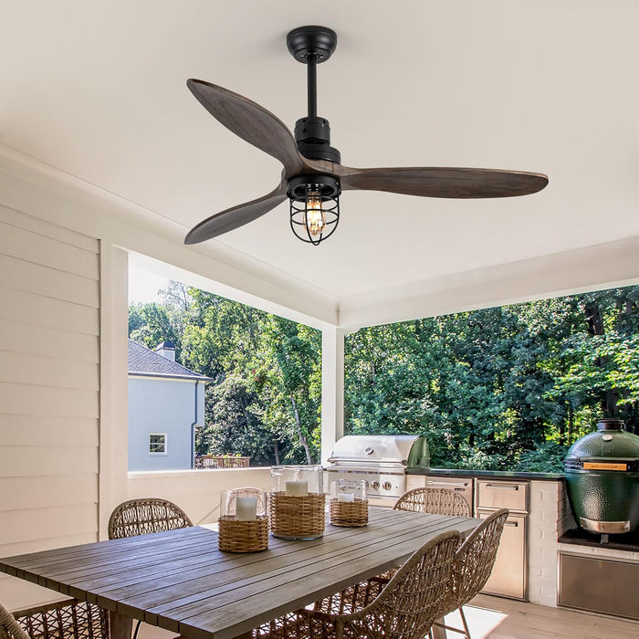 52 Inch Rustic Outdoor Ceiling Fan with Light and Remote, 3 Wood Blades, Include Bulbs Modern Black Farmhouse Industrial Ceiling Fan for Outdoor Ceiling Fans for Patios,Porch,Bedroom