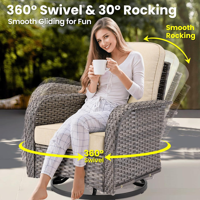 8 Pieces Patio Furniture Set, Outdoor Wicker Sofa Couch with Rocking Swivel Chairs Solar Lights Table, Modern Deep Seat Rattan Conversation Sets for Porch Deck, Beige