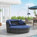4-Piece round Convertible Daybed with Cushions, Outdoor PE Rattan Patio Wicker Sofa Set, Sunbed with Adjustable Sun Canopy, Sectional Sofa, 2 Chairs, Table, 3 Pillows, Dark Blue