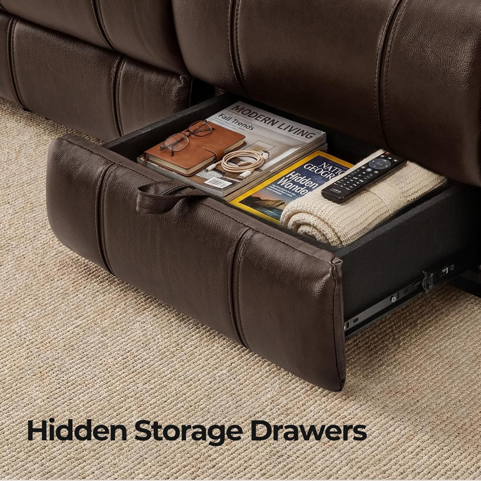 Genuine Leather Power Recliner Sofa, Wall Hugger Reclining Sofa with Drop down Table, Power Headrest, Drawers, Charging Ports, Reclining Sectional Couch for Living Room, RV, Dark Brown
