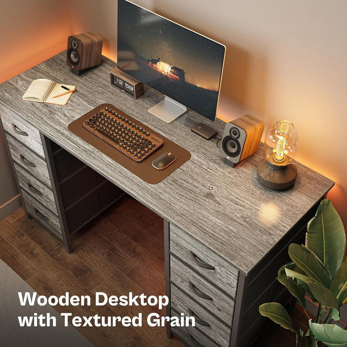 47 Inch Computer Desk with 8 Drawers, Office Desk Work Desk for Home Office, Study, Gaming Desk with Fabric Drawers, Large Storage, Grey