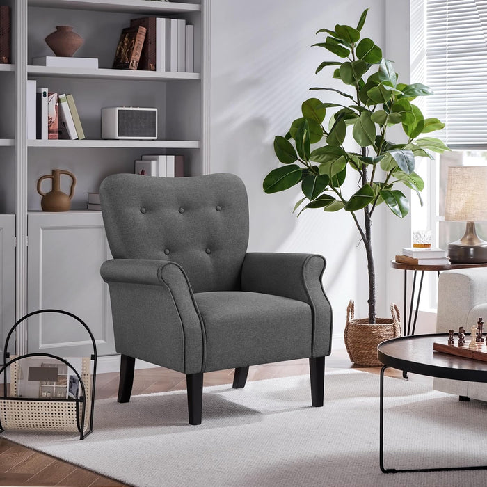 Modern Armchair, Mid Century Accent Chair with Sturdy Wood Legs and High Back for Small Space, Upholstered Fabric Sofa Club Chair for Living Room/Bedroom/Office, Dark Gray