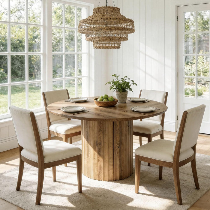 47-Inch round Dining Table for 4-6, Modern Kitchen Table with Fluted Pedestal Base, Farmhouse Wood Dinner Furniture for Dining Room, Kitchen & Living Room, Brown