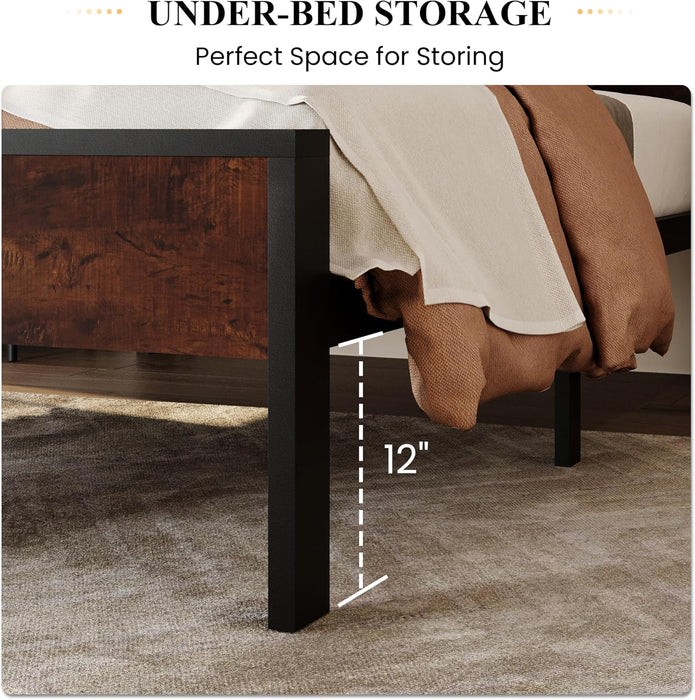 14 Inch Twin Size Metal Platform Bed Frame with Wooden Headboard and Footboard, Mattress Foundation, No Box Spring Needed, Large under Bed Storage, Heavy Duty Slats Support, Mahogany