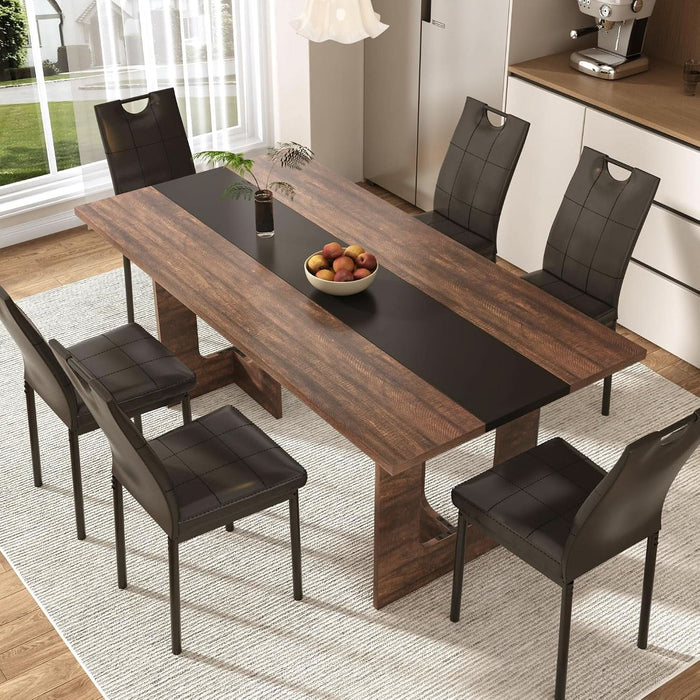 7 Pieces Dining Table & Chairs Set for 4-8 People, 71 Inch Kitchen Table with 6 Chairs, Rectangle Dining Table with Wooden Legs for Dining Room, Living Room, Brown
