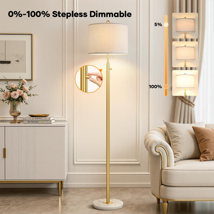 【Upgraded】Dimmable Gold Floor Lamps for Living Room, 11W LED Bulb Included, Modern Standing Lamp with Marble Base, Tall Pole Light with White Linen Shade for Bedroom Reading Office Corner Nursery