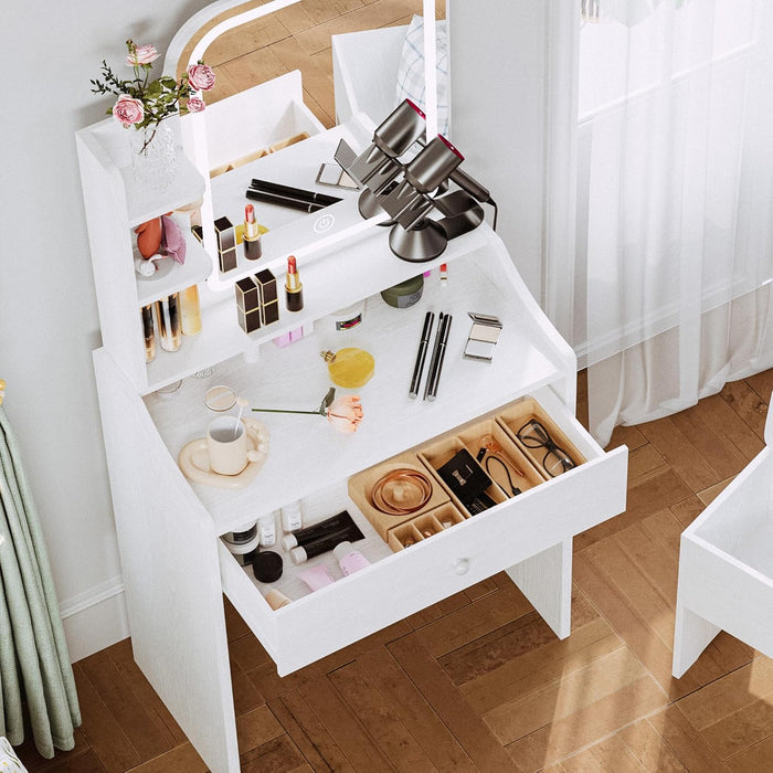 Small Makeup Vanity Desk with Mirror and Lights, Vanity Table Set with Storage Drawer, Chair and Three Shelves, Bedroom, White