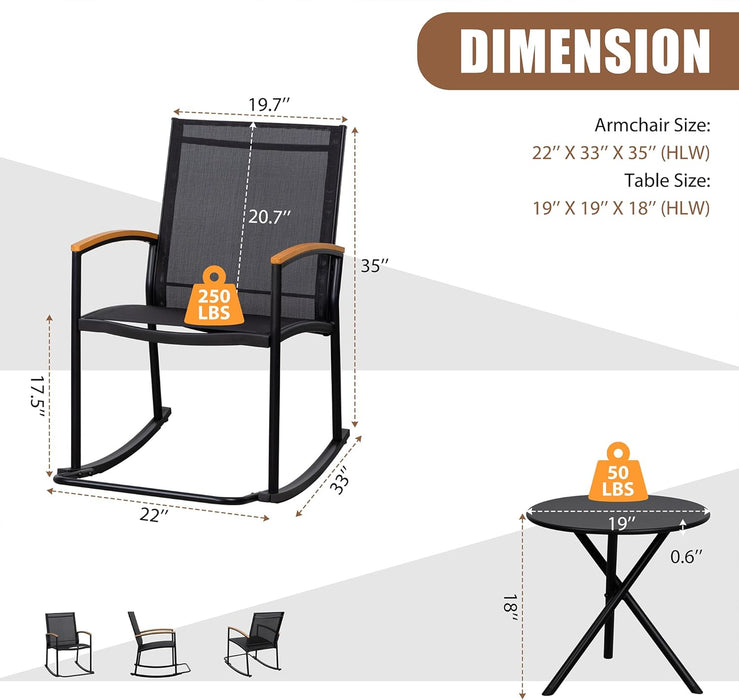 3 Piece Outdoor Rocking Bistro Set, Textilene Fabric Small Patio Furniture Set, Front Porch Rocker Chairs Conversation Set with Table for Lawn, Garden, Balcony, Poolside (Black)