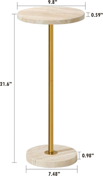 Φ9.8-Inch Marble round Drink Table, Stone Finish Pedestal End Table for Living Room, Weighted Base Small Accent Side Table for Small Space Office - Beige