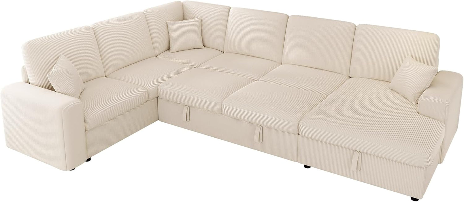 130Inch Beige Upholstered Sleeper Sofa With Storage