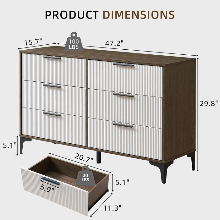47" Wide Fluted 6 Drawer Dresser for Bedroom, Walnut/White