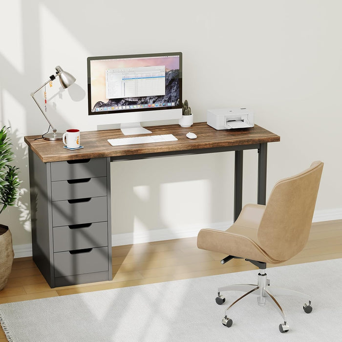 Computer Desk with 5 Drawers, 47 Inch Modern Simple Study Writing Desk with Storage, Rustic Home Office Desk, Reversible Computer Desk for Home Office, Brown+Black