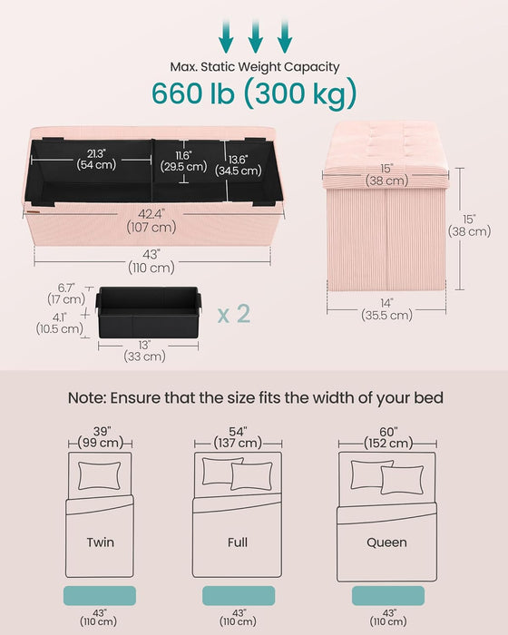 MAZIE Collection - Storage Ottoman Bench, Foldable Foot Rest, 15 X 43 X 15 Inches, End of Bed Bench, Storage Chest, Load 660 Lb, Living Room, Bedroom, Entryway, Jelly Pink ULSF604R01