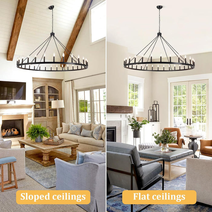 30 Lights Black Extra Large Wagon Wheel Chandelier, 60 Inch Farmhouse Industrial Ceiling Light Fixture for High Ceiling Outdoor Porch Living Dining Room Foyer Entryway, E12