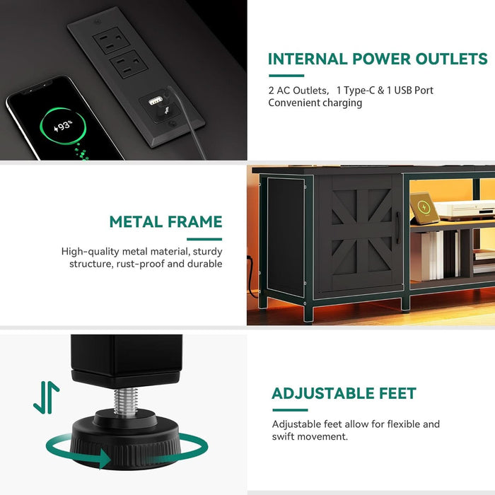 TV Stand with LED Lights & Charging Station, Farmhouse Entertainment Center with Storage Cabinets & Shelves, Cross-Pattern Doors, Fits Tvs up to 70'', TV Consoles for Living Room, Black