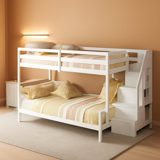 White SolidWood TwinOverFullBunkBed StairsGuardRails