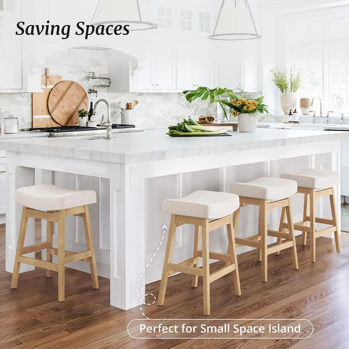 Bar Stools Set of 4, Barstools with Sturdy Wood Legs, Saddle Seat Counter Height Bar Stools for Kitchen Counter, Bar, Dining, 24 Inch Farmhouse Counter Stools, Beige Fabric