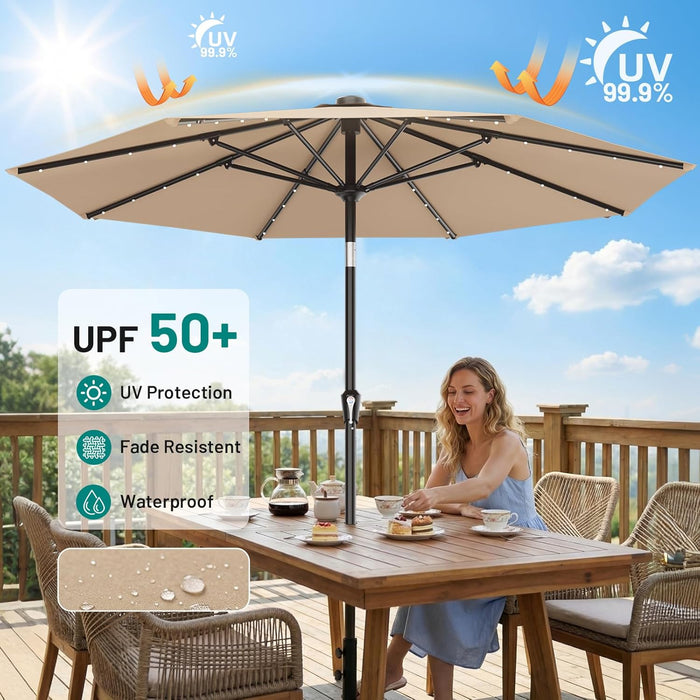 9FT Patio Umbrella with Solar Lights, 32 Lighted Pool Umbrella W/Tilt and Crank, Outdoor Market Solar Umbrellas for Garden, Deck, Backyard, Pool and Beach, Beige