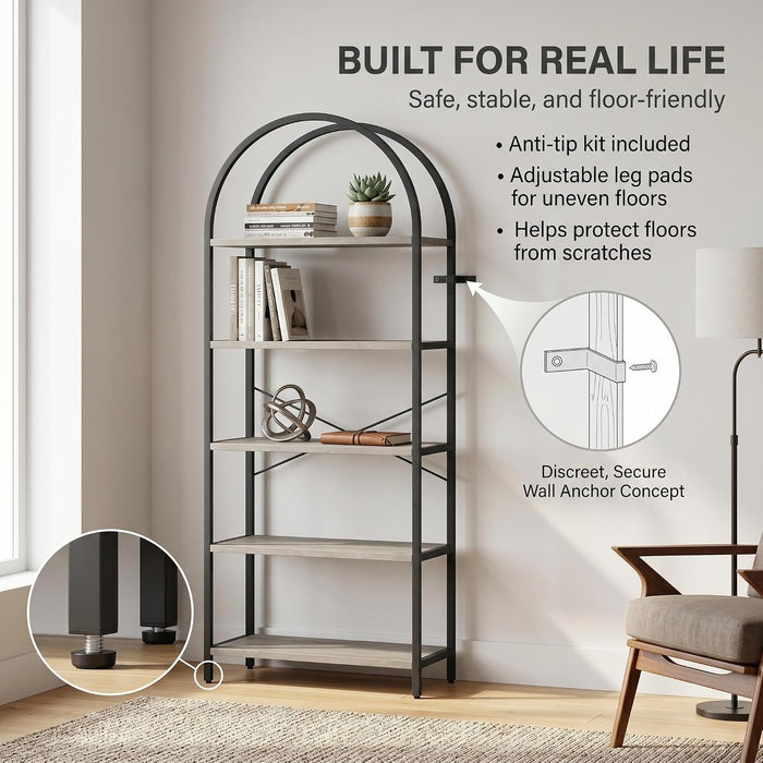 71" Arched Bookcase, 5-Tier Industrial Bookshelf with Metal Frame, Tall Storage Display Shelf for Living Room, Bedroom, Home Office, Gray