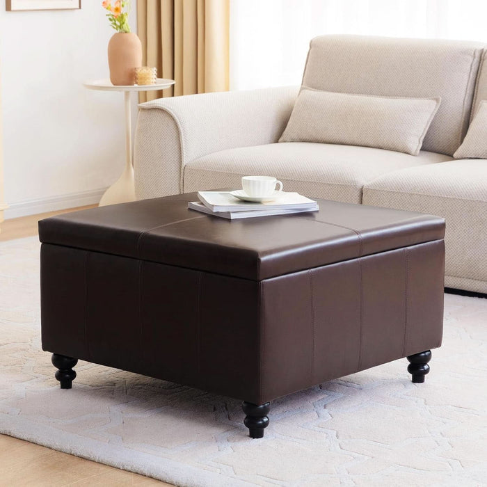 Square Leather Storage Ottoman,Ottoman Coffee Table with Storage for Living Room (Brown)