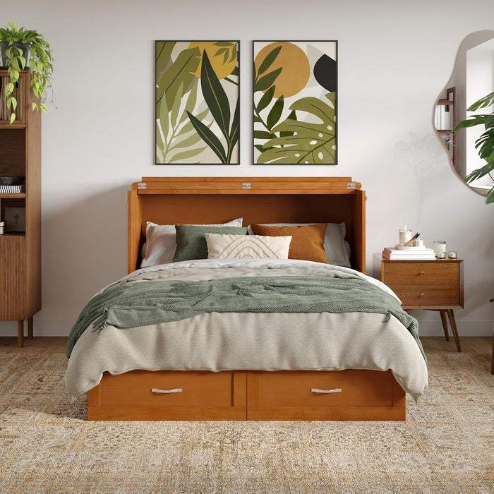 Hamilton Full Murphy Bed Chest with Mattress, Storage, and Built-In Charger in Light Toffee