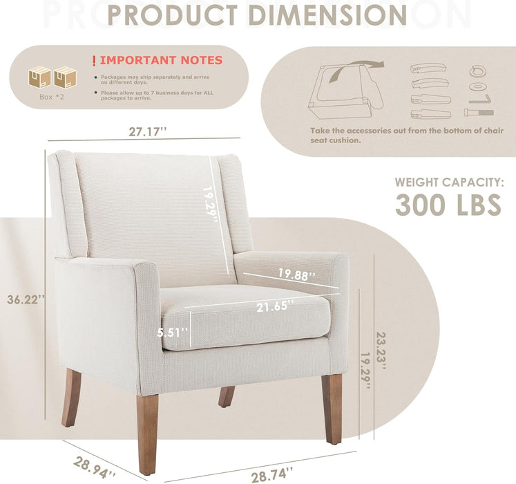 Modern Wingback Living Room Chair Set of 2, Upholstered Fabric Accent Armchair, Single Sofa Chair with Lounge Seat and Wood Legs for Bedroom/Office/Reading Spaces, Beige