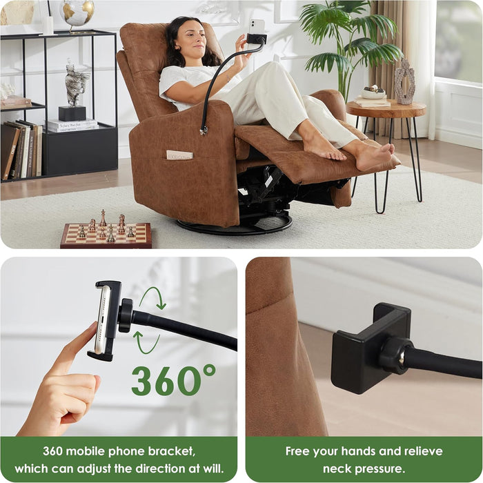 Oversized Recliner Chair, Leather Swivel Rocking Chair Reclining with Phone Holder, Ergonomic Lazy Boy Fabric Sofa Chair with Lumbar Support, Manual Glider Chair for Living Room, RV, Brown