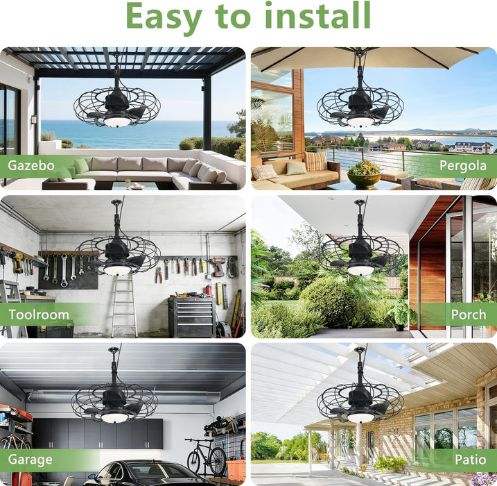 20" Black Outdoor Ceiling Fan with Light and Remote/App,3Cct 6 Speed Gazebo Fan Outdoor Hanging Hook,Ip65 Waterproof Plug in Ceiling Fan for Patios, Garage, Porch, Pergola,Canopy