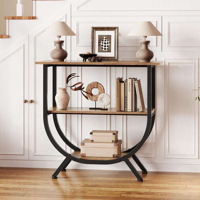 3 Tier Console Table with Storage 30" Height Entryway Table with Open Shelves Industrial Sofa Table behind Couch for Living Room Hallway Entrance (Rustic Brown)