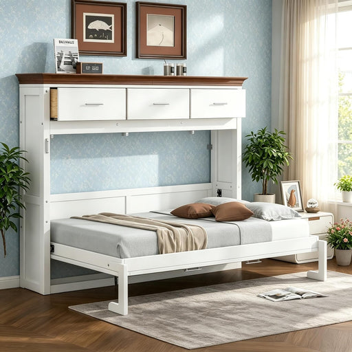 Horizontal Murphy Bed With Drawers White WalnutTop