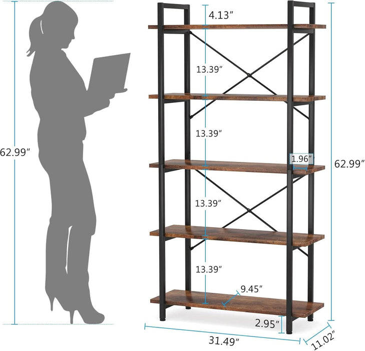 5 Tier Bookshelf, Industrial Etagere Bookcase with Heavy-Duty Metal Frame, Rustic Tall Book Shelf Unit for Living Room, Study, Home Office (1, Rustic)