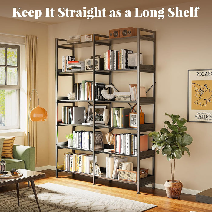 6 Tier Bookshelf with 12 Open Shelves and Raised Baffle, Black