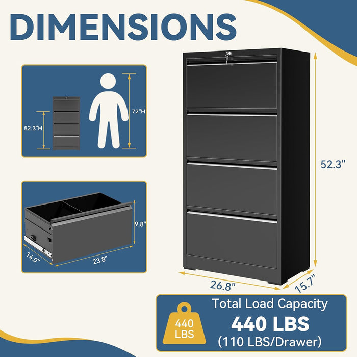 4 Drawer File Cabinet with Lock, Black Metal Lateral Filing Cabinet