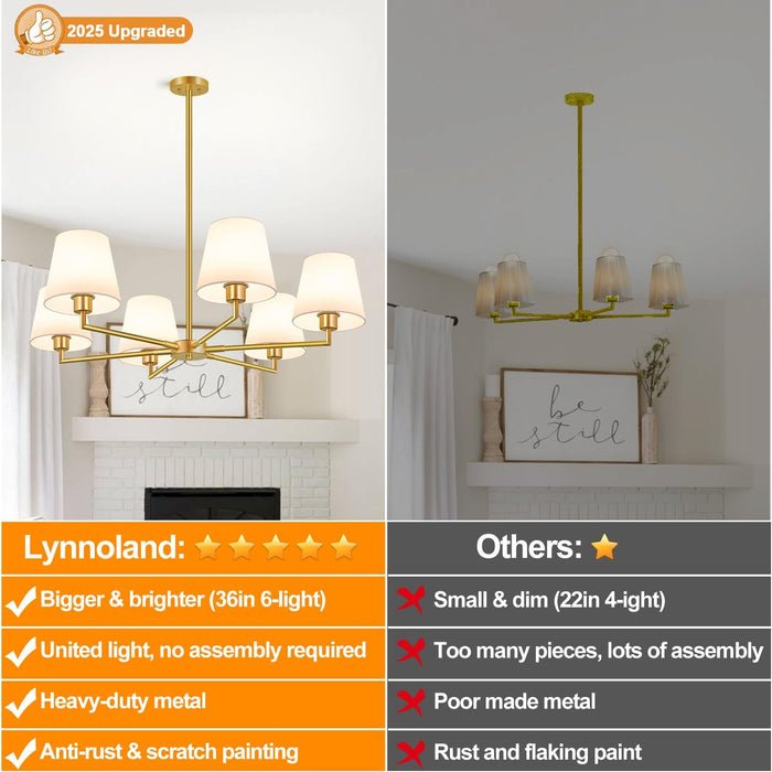 36" Gold Chandelier for Dining Room Light Fixture (6-Light, 36-Inch), Adjustable Linear Gold Dining Room Chandelier with White Fabric Shade, Linear Pendant Light Fixture for Kitchen Bulb Not Included