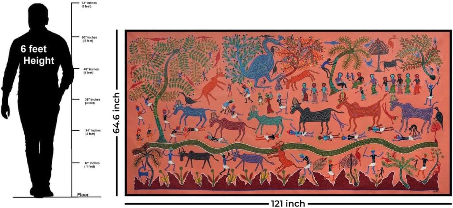 Stampede in the Village | Bhil Art by Bhuri Bai | Exquisite Indian Tribal Artwork | Traditional Folk Painting on Canvas | Vibrant Energy & Cultural Balance | Captivating Wall Décor | Meaningful & Unique Gift