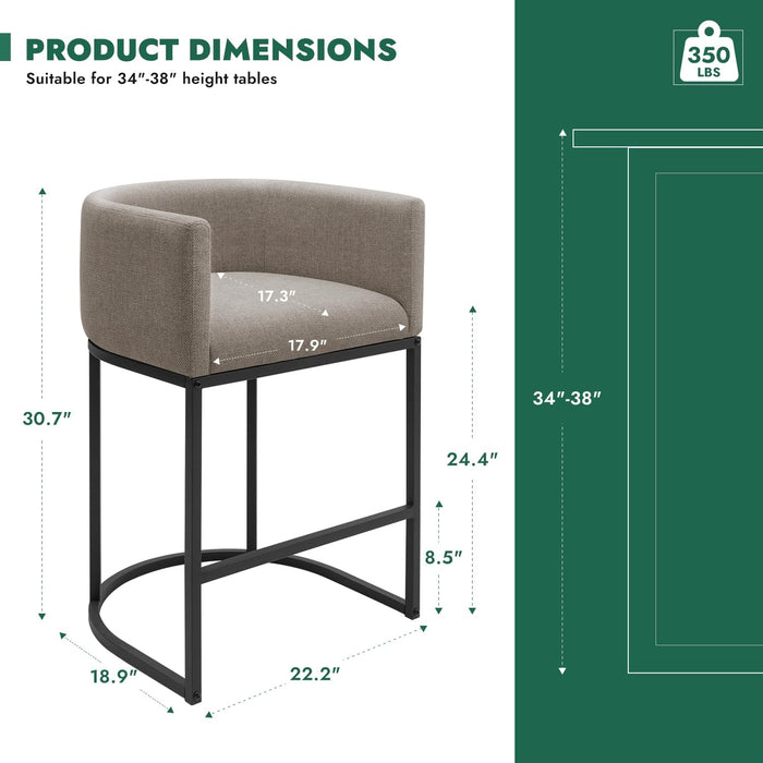 Counter Height Bar Stools Set of 2, 24 Inch Seat Height Barstools for Dining Room, Fabric Upholstered Bar Chair for Kitchen Island, Linen Counter Stools with Metal Legs, Sand