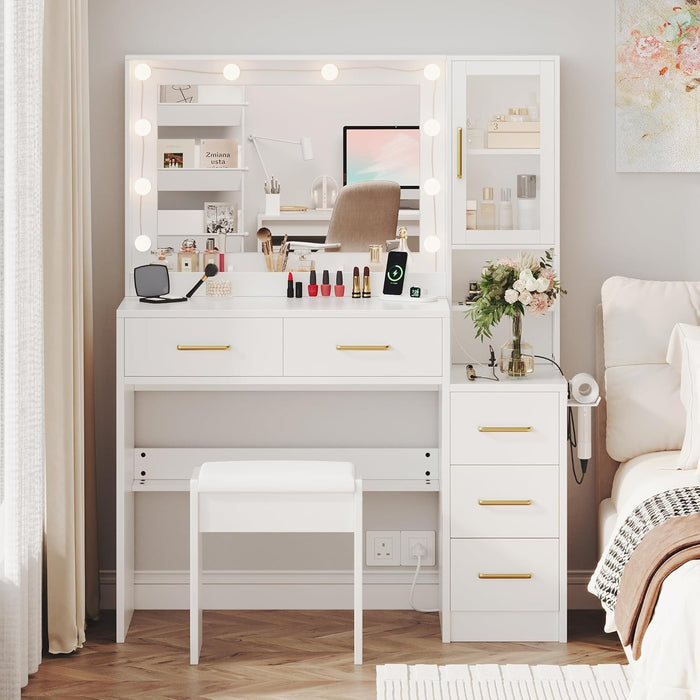 White Makeup Vanity With Integrated Charging Station