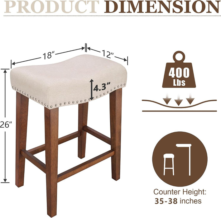 26 Inch Solid Wood Saddle Backless Bar Stools Set of 3, Beige | Counter Height Barstools with Footrest & Nailhead Trim, Modern Farmhouse Upholstered Linen Counter Stools for Kitchen Island